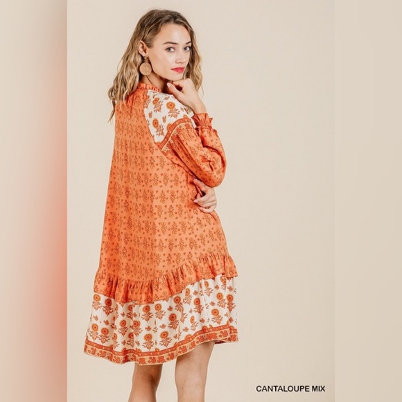 Umgee | Floral Long Puff Sleeve Keyhole Dress Ruffle Hem Tassel Tie Tiered Boho - Picture 8 of 16